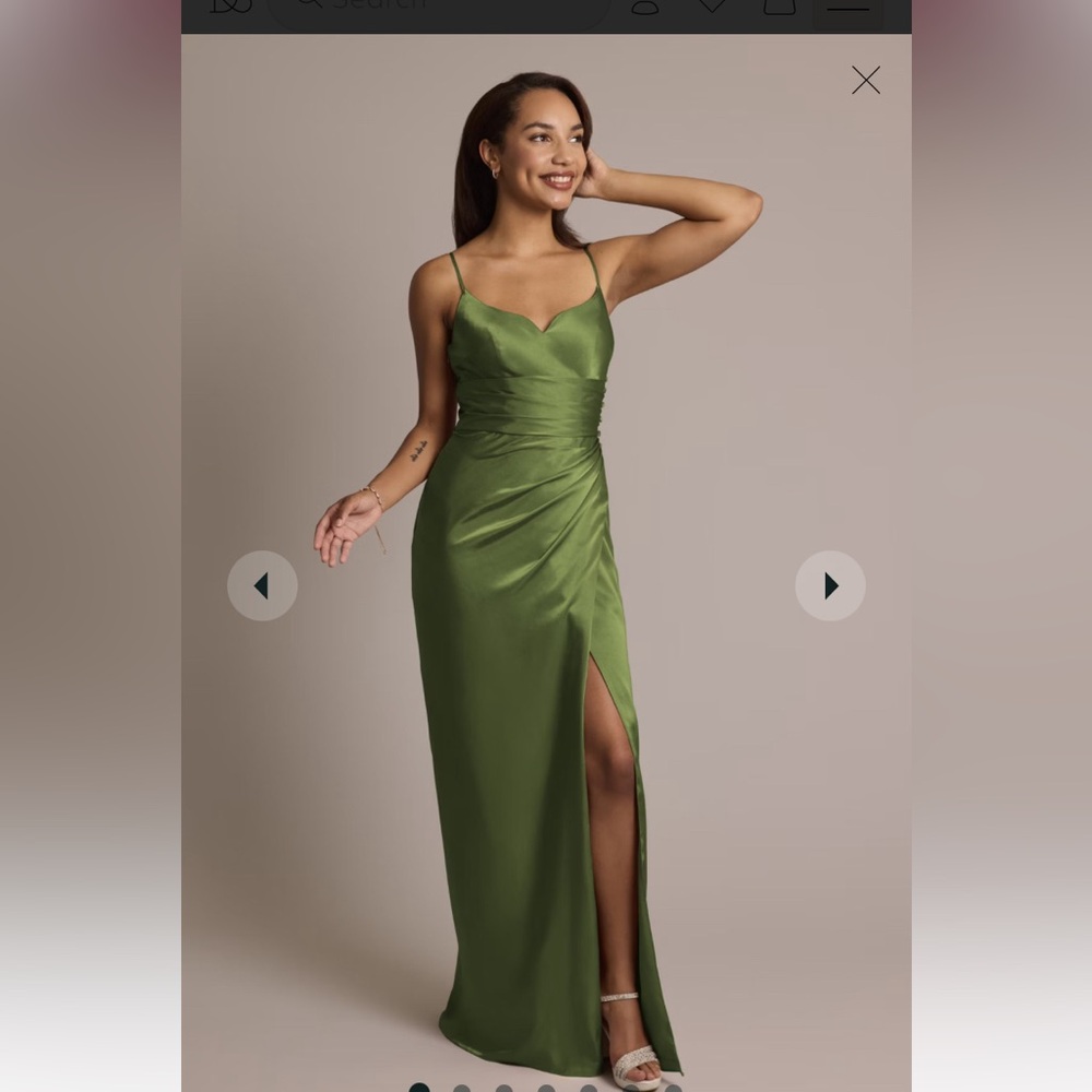 David’s Bridal Galina Signature Charmeuse Draped Strappy Dress in Martini Olive